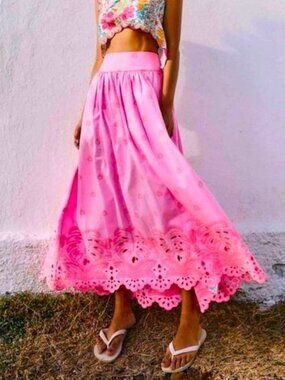 FARM RIO Neon Pink Cotton Eyelet Maxi Skirt Anthropologie NWT